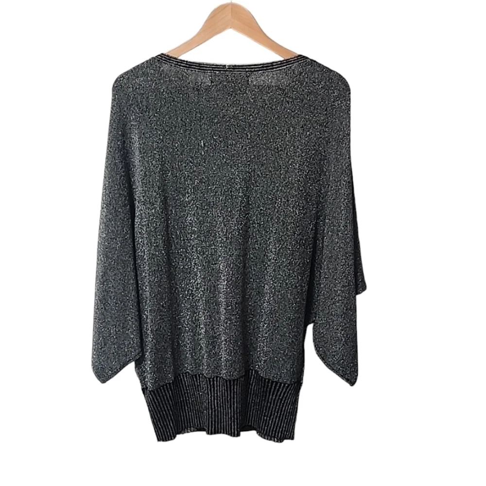 PECK & PECK Metallic Kimono Sleeve Blouse L Silver Batwing Retro 80s Shimmer Top